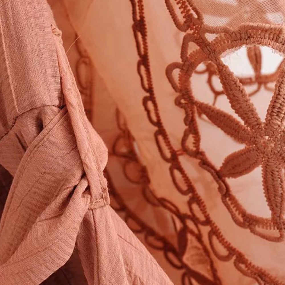 Lantern Puff Crochet Sleeve Boho Gypsy Dress Rust - Picture 6 of 8